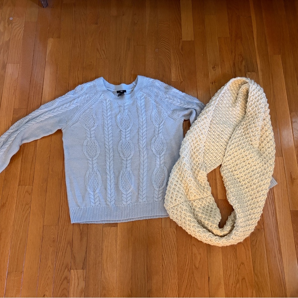 Light Blue Cable Knit Sweater and Infinity Scarf